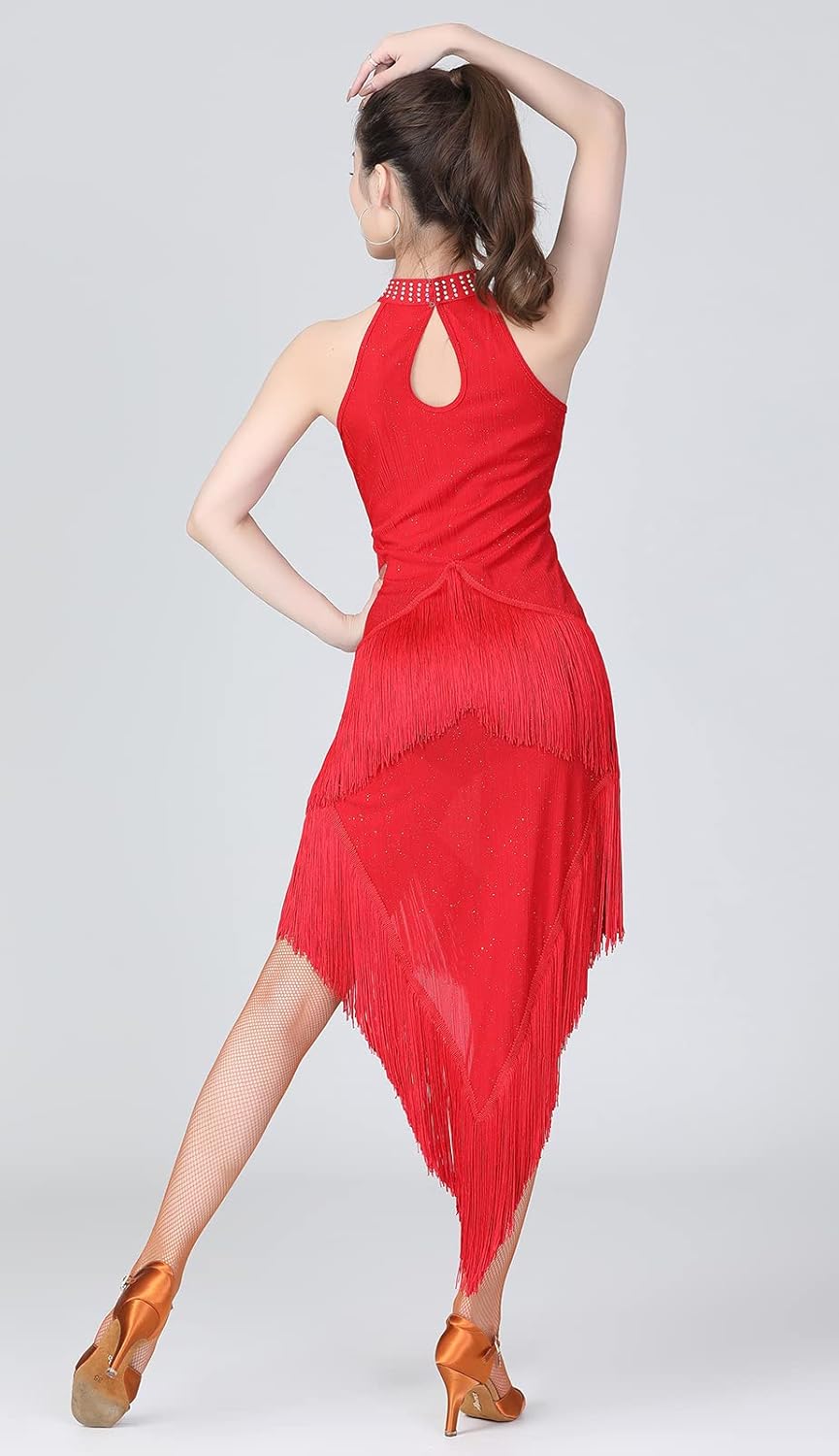 ZX Women's Ballroom Latin Tango Salsa Dance Dress High Low Swallowtail Fringe Skirt Dance Costume with Shorts