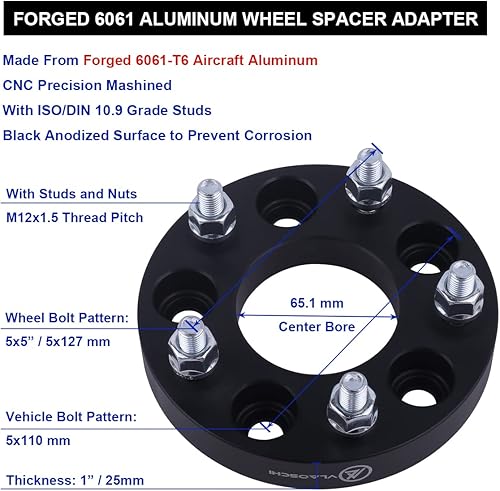 Miniatura 7 de VLAOSCHI Adaptadores de rueda forjados negros de 5 x 110 a 5 x 127 de 1.5 pulgadas con pernos de 12 x 1.5 compatibles con Jeep Chevy 5 Lug para