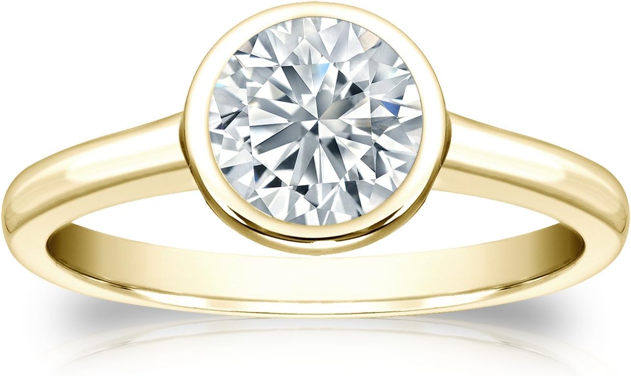 Diamond Wish 14k Yellow Gold Round Solitaire Diamond Engagement Ring (1/3 Carat TW, H-I, I1-I2) Bezel Set, Size 4-9