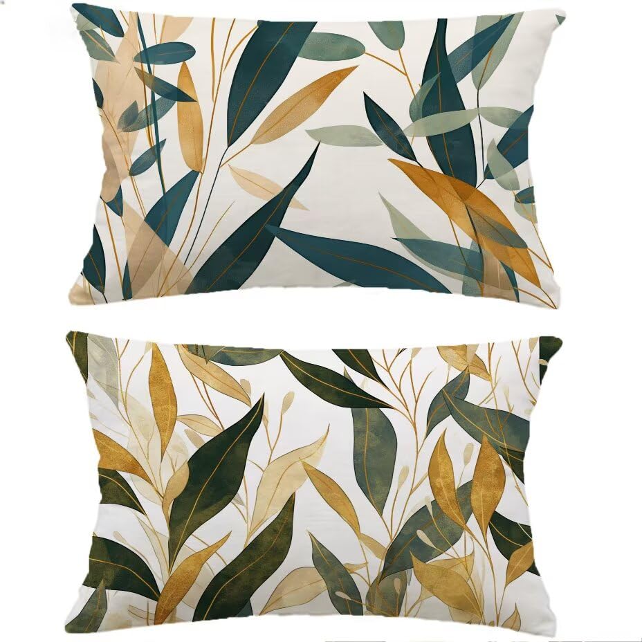 Housse de coussin extérieur 40x60 d'une élégance aspect lin blanc motif feuille M-P713