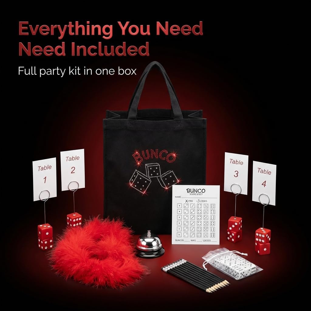 Bunco Game Kit for 16 Players with Black Rhinestone Tote – Complete Bunco Set with Dice, Table Number Stands, Bell, Score Sheets, Pencils & Red Feather Boa – Premium Bunco Party Kit
