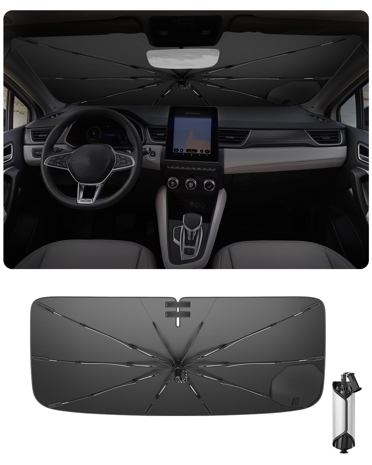Ruiya 2026 Upgrade Ombrello Parasole Auto Parabrezza Compatibile con Renault Captur 2 2020-2026 /Fiat Grande Panda 2025 2026 / Fiat Panda 2013-2023, Parasole Anteriore Pieghevole Protezione UV