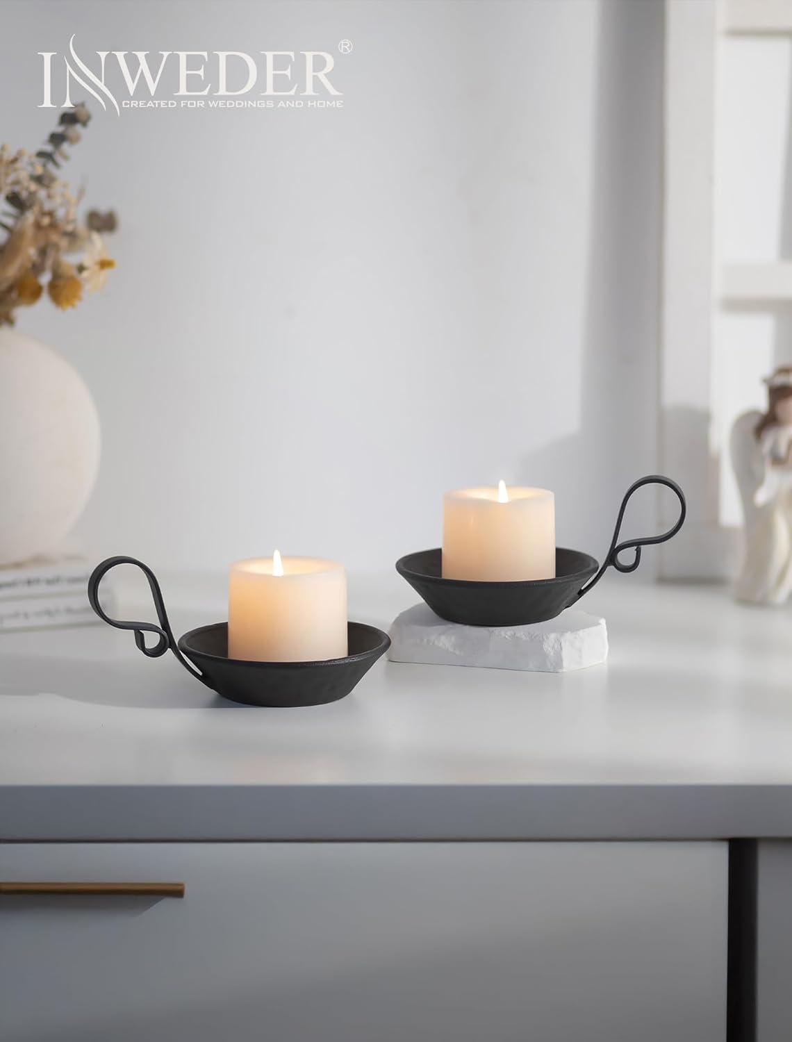 Iron Pillar Candle Holder: 4.6 in Gold Candle Plate Brass Pedestal Stand Vintage Decorative Tray for 3 Wick Jar Candles Tealight Votive Table Home Christmas Set of 2 (Black-with Spike, 2 Pcs)