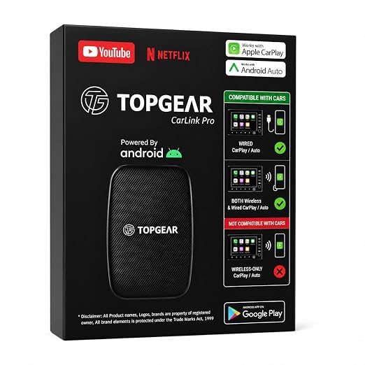 TOPGEAR Ai Box with WiFi Car Media Box Android-Based Smart Car Infotainment Adapter Works for Wired ONLY CarPlay Models Compatible with Android Auto & CarPlay System (Pro Model)