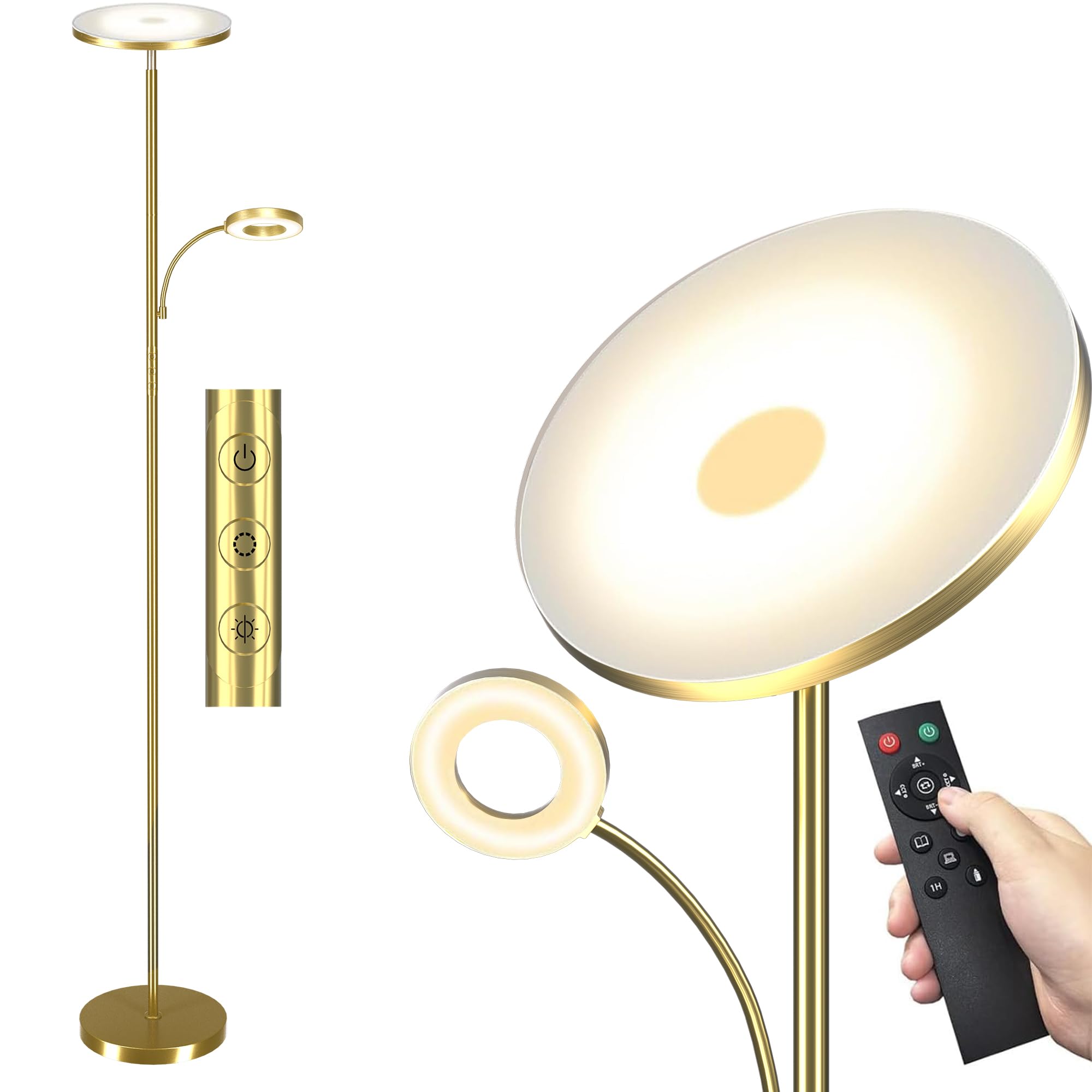 mukuxin LED Uplighter Floor Lamp, Upgraded 42W 4200LM Dimmable Floor Standing Lamp with Remote & Touch Control, 1min Installation, Standard Reading Lamps Living Room Modern (Brushed Gold)