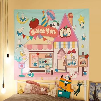 YUESUO Kawaii Japanese Anime Cute Bunny Animal Strawberry Pink Tapestry Aestheticism Wall Hanging Living Room Bedroom Dorm Decor R08,80x60