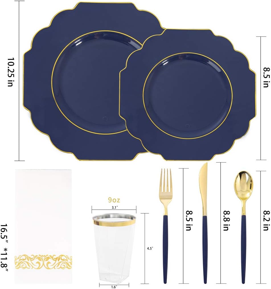 Nervure 140PCS Blue Plastic Plates & Gold Plastic Silverware with Blue Handle - Gold Plates Include: 40Plates, 20Forks, 20Knives, 20Spoons, 20Cups, 20Napkins Perfect for Party & Father's Day - Image 2