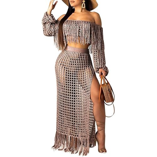 Ophestin Women Off Shoulder Long Sleeve See Through Lace Crop Top Tassel Split Two-Piece Maxi Long Skirts Dress Set