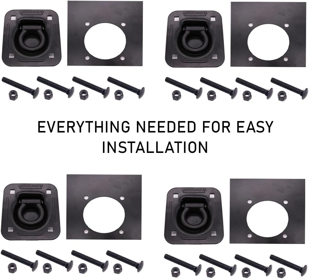 BoxerTool Recessed D-Ring Tie Down Anchor Kit - 6,000lb- Heavy Duty D Ring Kit for Trailer, Trucks, Vans, Cargo Control - Black Coated Finish - 4 Pack