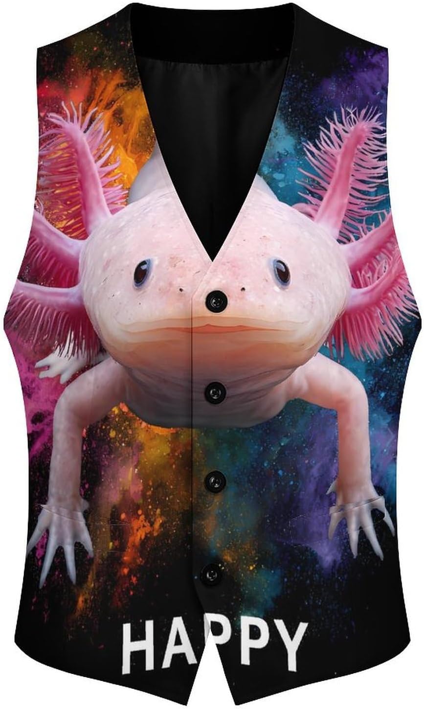 Colorful Cute Axolotl Men's Suit Vest Formal Vests Casual Dress Fit Waistcoat Casual Tuxedo for Business