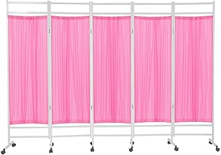 5-Panel Rolling Medical Room Divider 98" W x 71" H Foldable Medical Privacy Screen Pink Portable Temporary Wall Divider with 12 Wheels & Brakes for Hospital Clinic Ward
