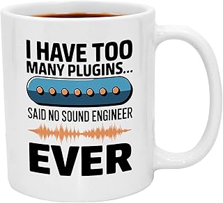 Casitika Sound Engineer Gifts. 11 oz Audio Coffee Mug - “Too Many Plugins” Cup for Studio Pros, Audiophiles and Mix Engineers - Hilarious Sound Gifts for Men and Women - Audio Engineer Humor.
