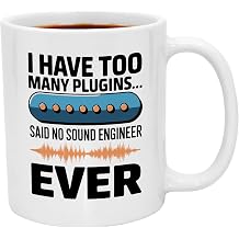 Casitika Sound Engineer Gifts. 11 oz Audio Coffee Mug - &ldquo;Too Many Plugins&rdquo; Cup for Studio Pros, Audiophiles and Mix Engineers - Hilarious Sound Gifts for Men and Women - Audio Engineer Humor.