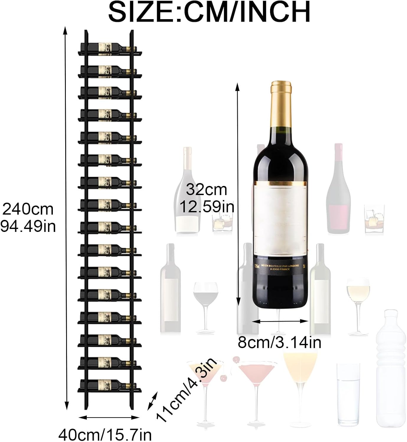 Wall Mounted Wine Rack, H 94.49inch, 16 Rows, Black 16 Bottle Wine Cellar Racks, Metal Wine Bottle Holder for Home Bar, Wine Kitchen Storage (Black, 1 Column（16 Bottles）)