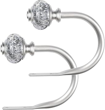 2 Pack Curtain Holdbacks, USFOOK Silver Decorative Window Drapery Tiebacks 2 Pack/1 Pair, Curtain Tie Back Hooks for Wall with Translucent Finials 3.95" L x 3.4" W