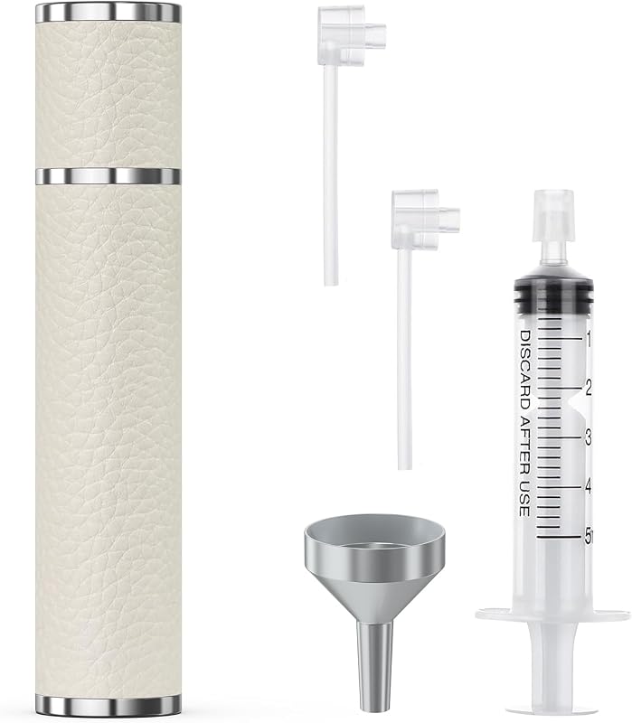 Frasco atomizador de perfume recarregável FENHON 12 mL com revestimento de couro legítimo, tampa magnética e ferramentas de recarga, Branco
