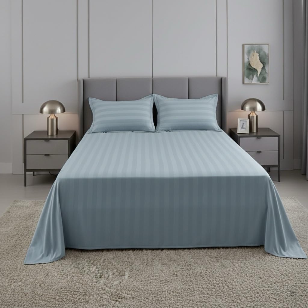 AVIS BEDLINEN 100% Cotton 600 TC Stripe Pattern Bedsheet With 2 Pillow Cover | Soft Comfortable Durable Bedding Set for Bedroom | Breathable &Lightweight Bedsheet for All Season (King, Starlight Blue) 3