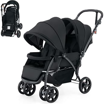 COSTWAY Folding Twin Pushchair with Adjustable Backrest and Hood Travel Buggy with Reclining Function Twin Buggy Pushchair for Baby from 6 Months 30 kg Load Capacity Black