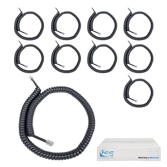 ICC Telephone Handset Cord/Phone Cord, 12 Ft RJ9 RJ22 Connectors, Metal Gray, 10-Pack Curly Coiled Tangle-Free Design for PBX & VoIP Phones