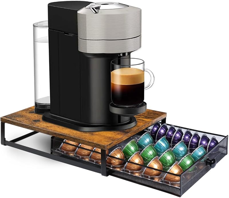 Sedegn Nespresso Vertuo Pod Holder: Pod Organizer for 56 Small/28 Large | Smooth glide drawer for easy access non-slip & tool-free durable fits Vertuo – nespresso pods holder for kitchen office Brown