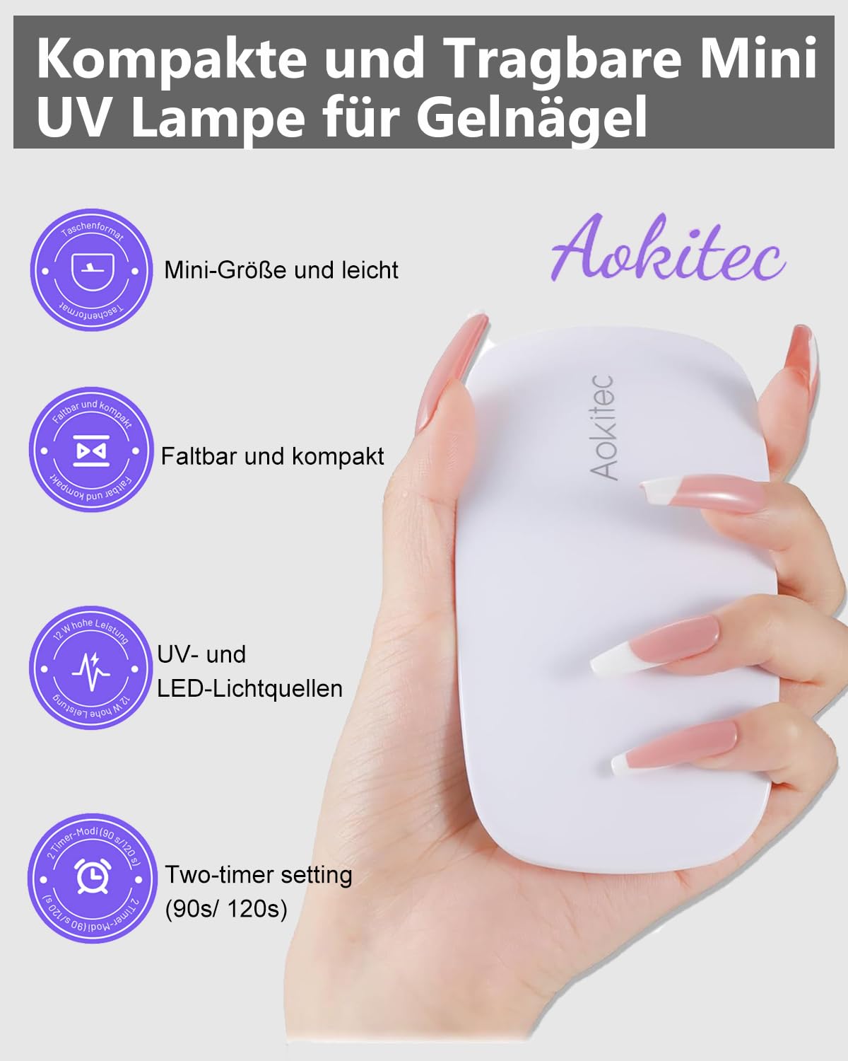 Aokitec Mini lampada per unghie portatile UV a forma di topo, lampada per unghie in gel tascabile con USB per tutti gli smalti gel, asciugatrice con 2 timer