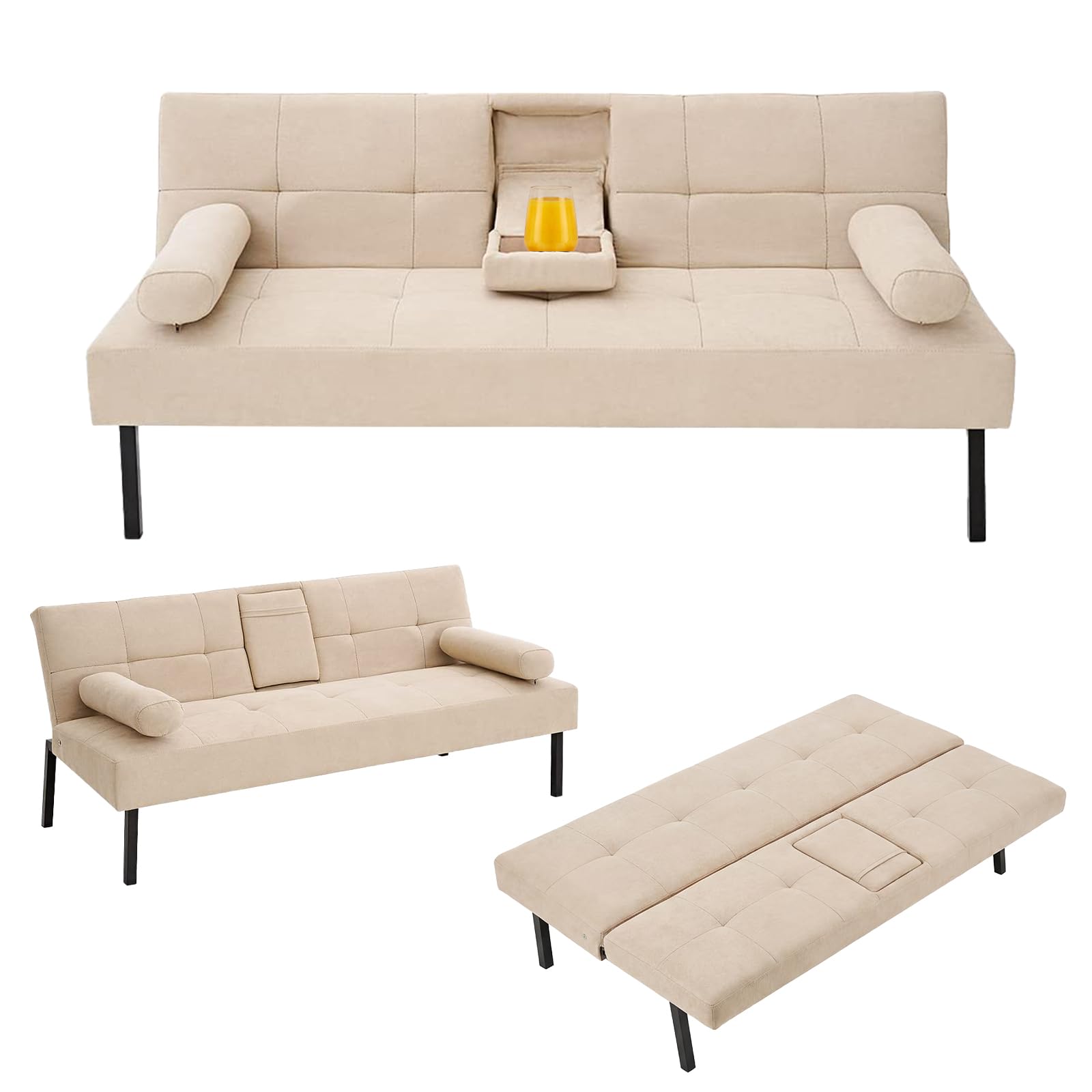 Panana Sofa Bed, Fabric Click Clack Sofa Bed, Convertible Futon Settee, Futon Recliner Lounge for Living Room, Spare Room, Bedroom (Beige with Cup Holder) โ image 1
