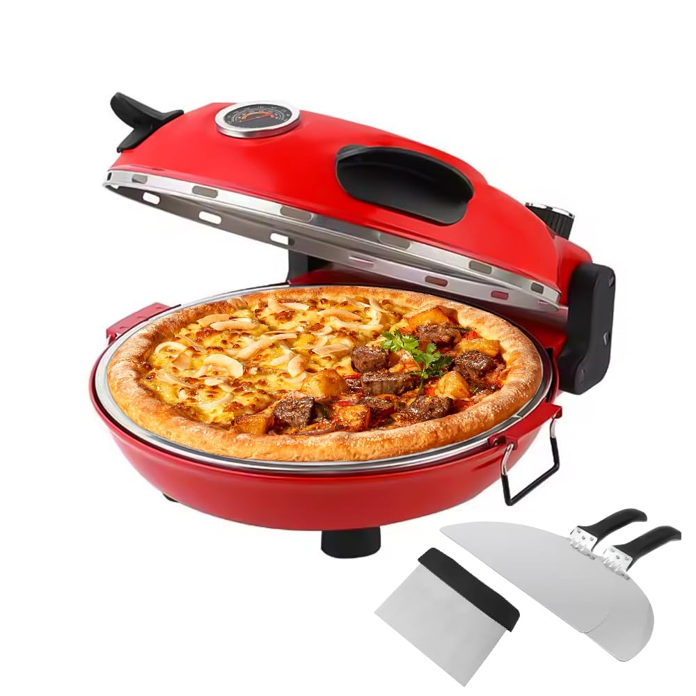 Elektryczny piec do pizzy, piec do pizzy do domu z kamienną płytą 31 cm, do 420 °C z wkładem na patelnię, 2 x łopatka do pizzy, nóż (czerwony)