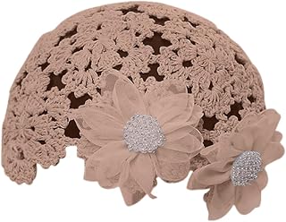 Women Crochet Beanie Hat Summer Cotton Knit Cutout Floral Skull Cap with Flower Accent Handmade Hats