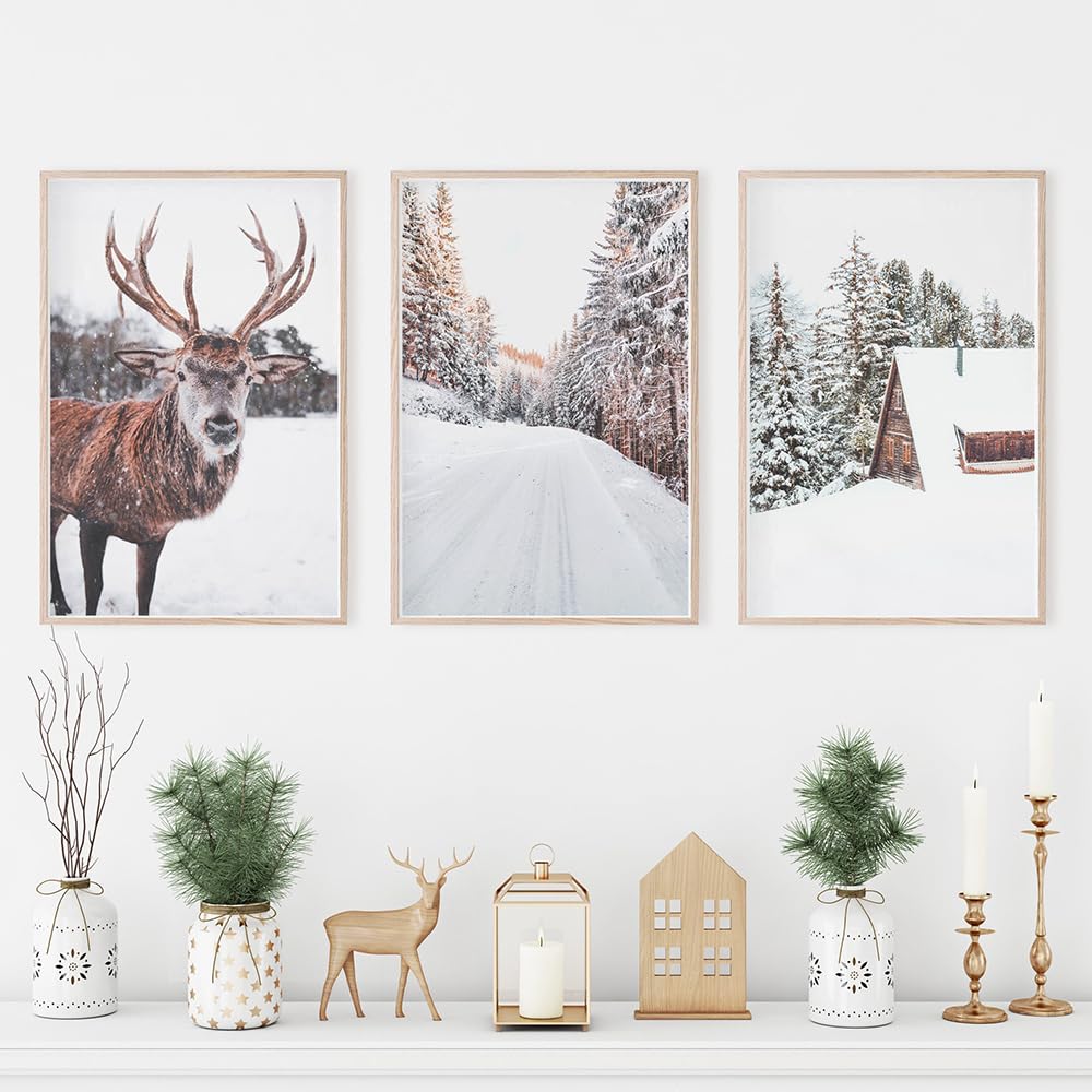 WBYZAC Botanical Posters-Abstract Winter Snow Pine Forest Deer House Wall Art Canvas Painting Nordic Posters and Prints Wall Pictures for Living Room Decor-60 * 70cm*3PCS (No Frame)