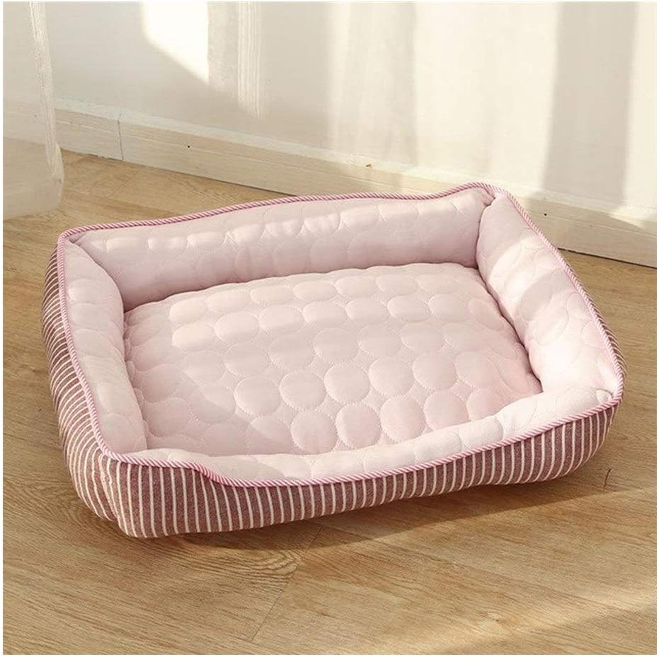 Pet Ice Mattress Striped Summer Silk Cushion Soft Mattress for Small and Medium Dogs Washable and Reusable Cat Bed (Color : Blue Tama?o : M) (Pink Medium)
