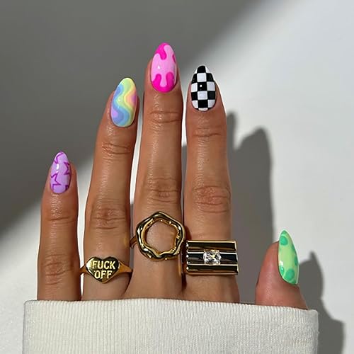 Medium Press on Nails Almond RIICFDD Colourful Fake Nails Acrylic