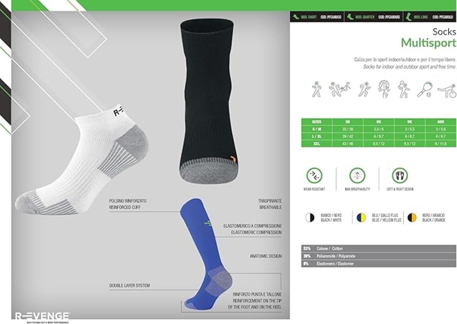 R-EVENGE Lot de 3 chaussettes techniques multisports longues pour le sport intérieur et extérieur et de loisirs, manchette renforcée et élastomère à compression
