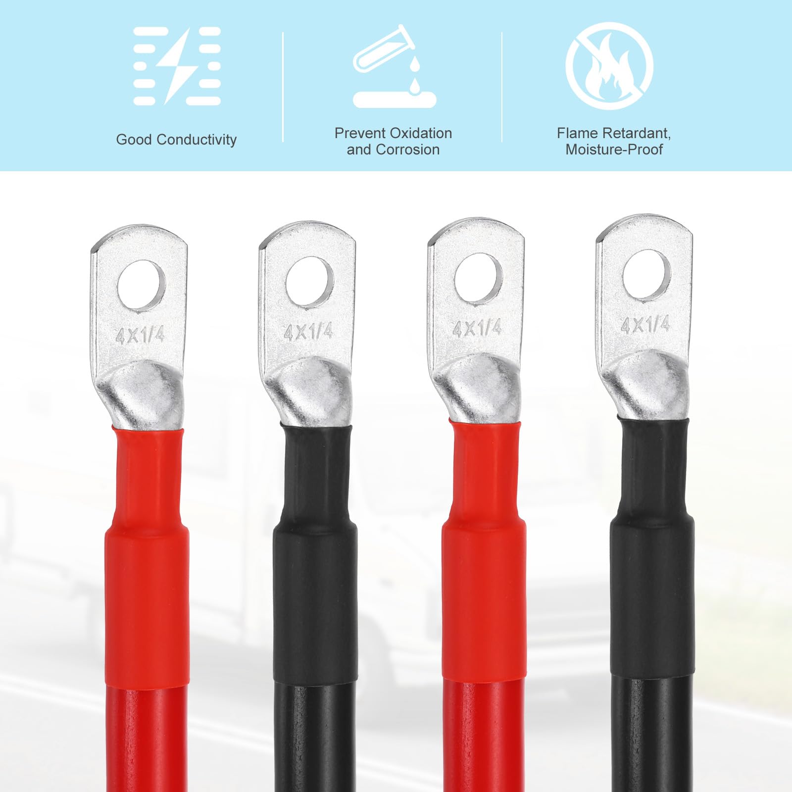 QUARKZMAN 2 szt. Kabel Do Baterii 8 AWG, 30 cm Przewody do akumulatora z czystą miedzią z 1/4" pierścieniowymi zaciskami do łodzi słonecznych samochodów RV, czerwony czarny