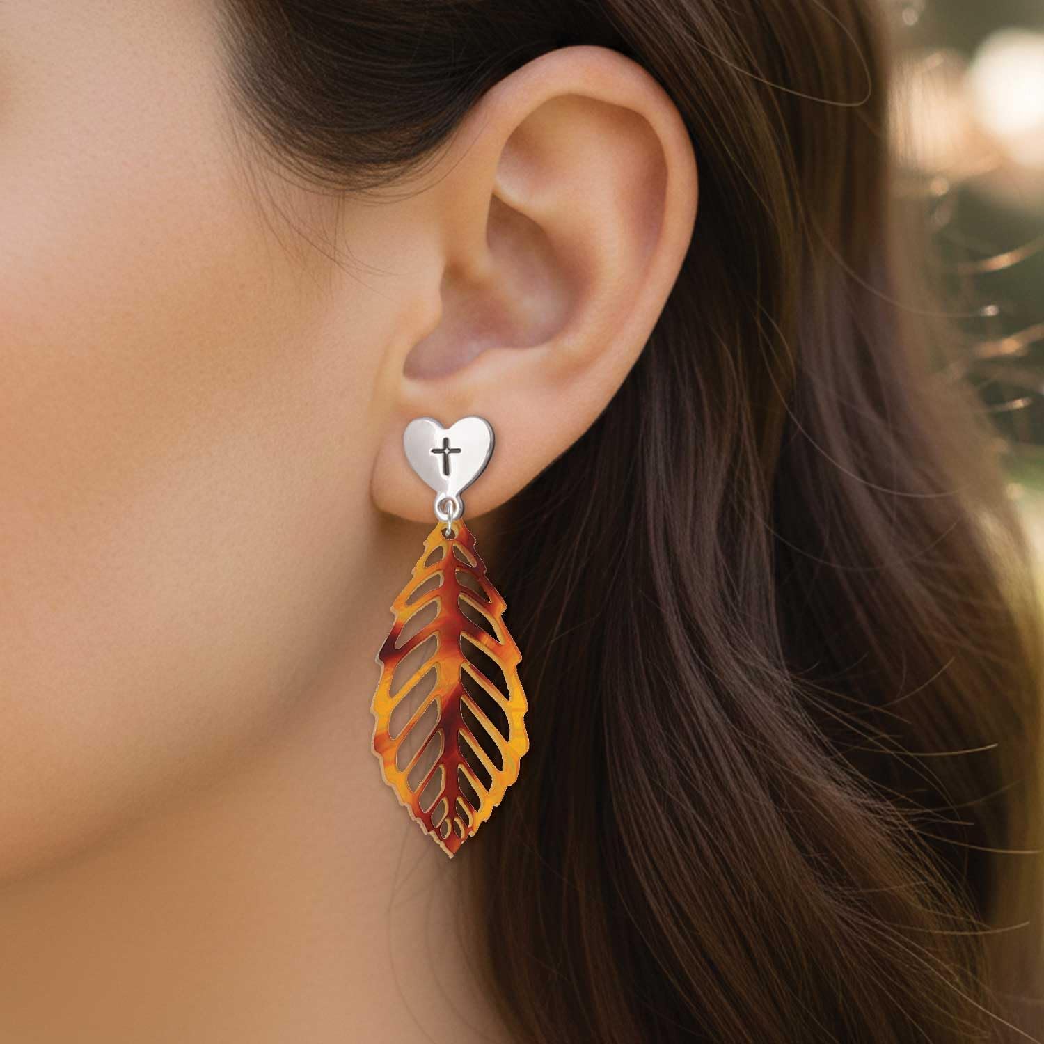 Delight Jewelry Acrylic Large Leaf Silvertone Cross in Heart Post Dangle Earrings