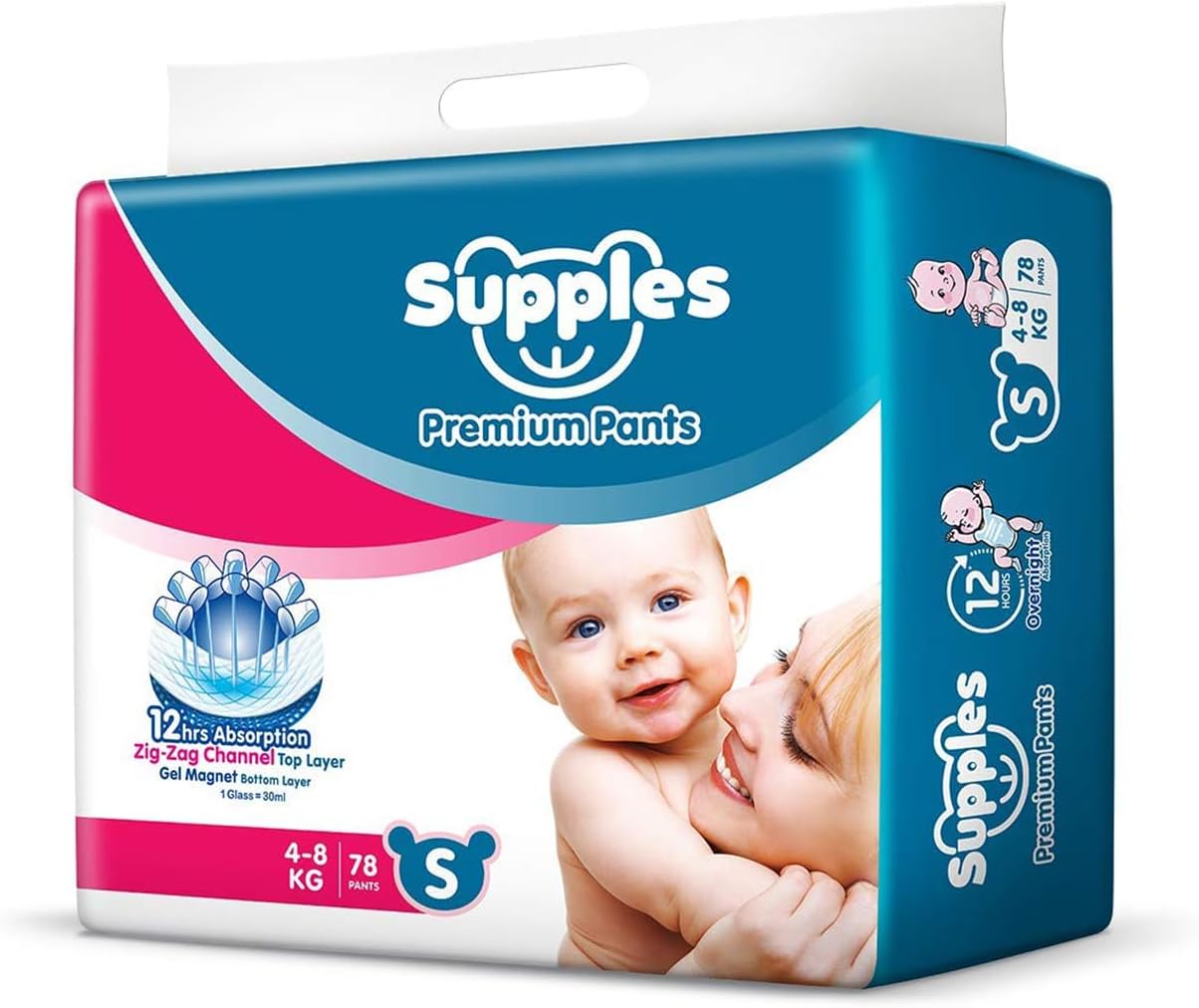 Supples Premium Baby Diaper Pants Size 2 (Small) | 4โ8 kg | 78 Count | 12 Hours Absorption | Soft & Breathable Pant Diapers | Leak Protection