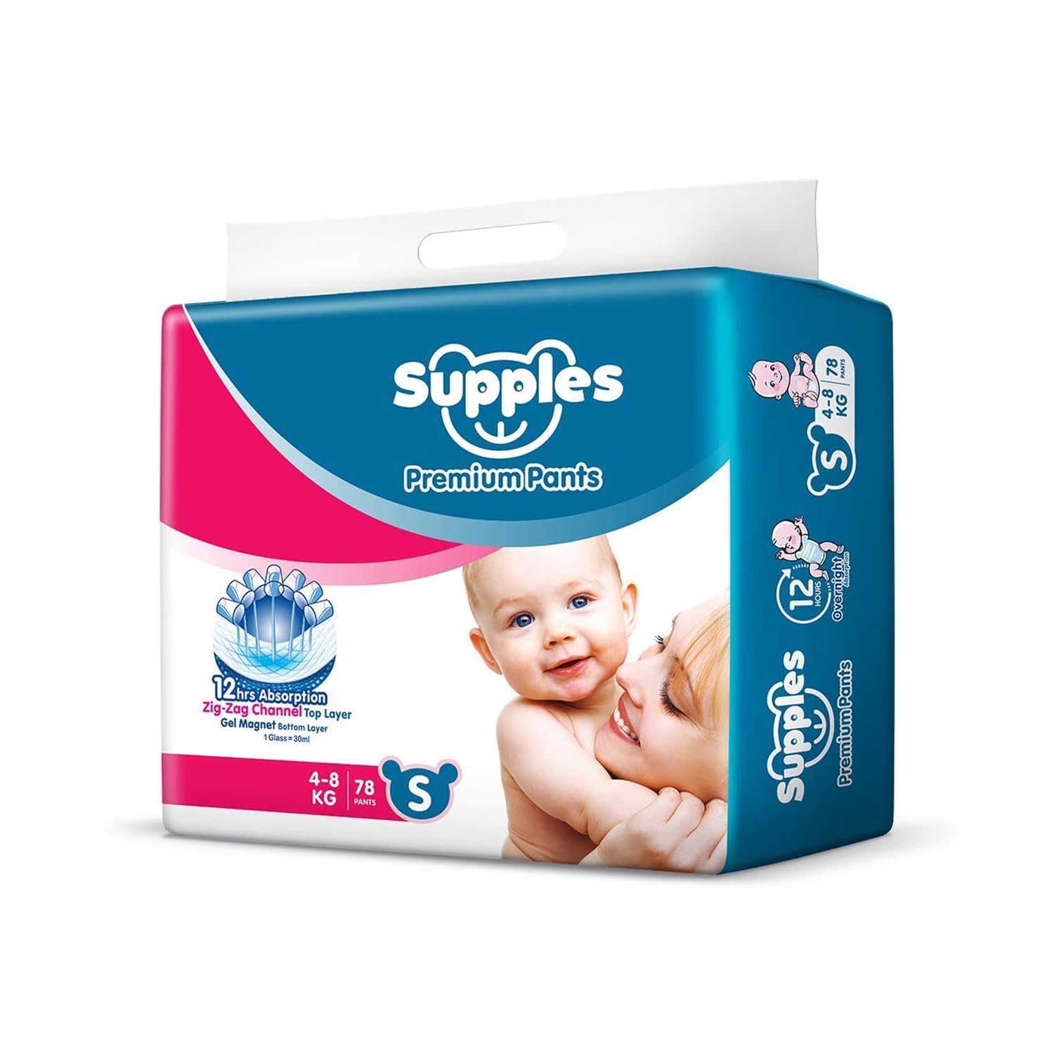 Supples Premium Diaper Pants for Babies | 78 Diapers | Small - Size 2 | 4 to 8 Kg | 12 Hrs Absorption | Cushiony Cotton Soft Fabric