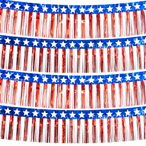 4 Packs 10 Feet Long Foil Fringe 4th of July Star Garland Memorial Day USA Red White Blue Independence Day Tinsel Metallic Streamers Patriotic Banner Car Parade Floats Garden Trailer Decor