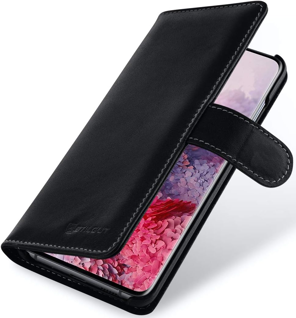 TOP оƒƒERS StilGut Wallet Case Designed for Galaxy S20 5G, Genuine Leather Galaxy S20 Case with Card Holders & Magnetic Closure, Black Nappa
