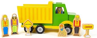 Jack Rabbit Creations- Construction Crew Magnetic Truck- 8 Piece Wooden Playset- Includes Dump Truck, Traffic Signs, Dog and Construction Workers-Motor Skills Toy- Toddlers 3+
