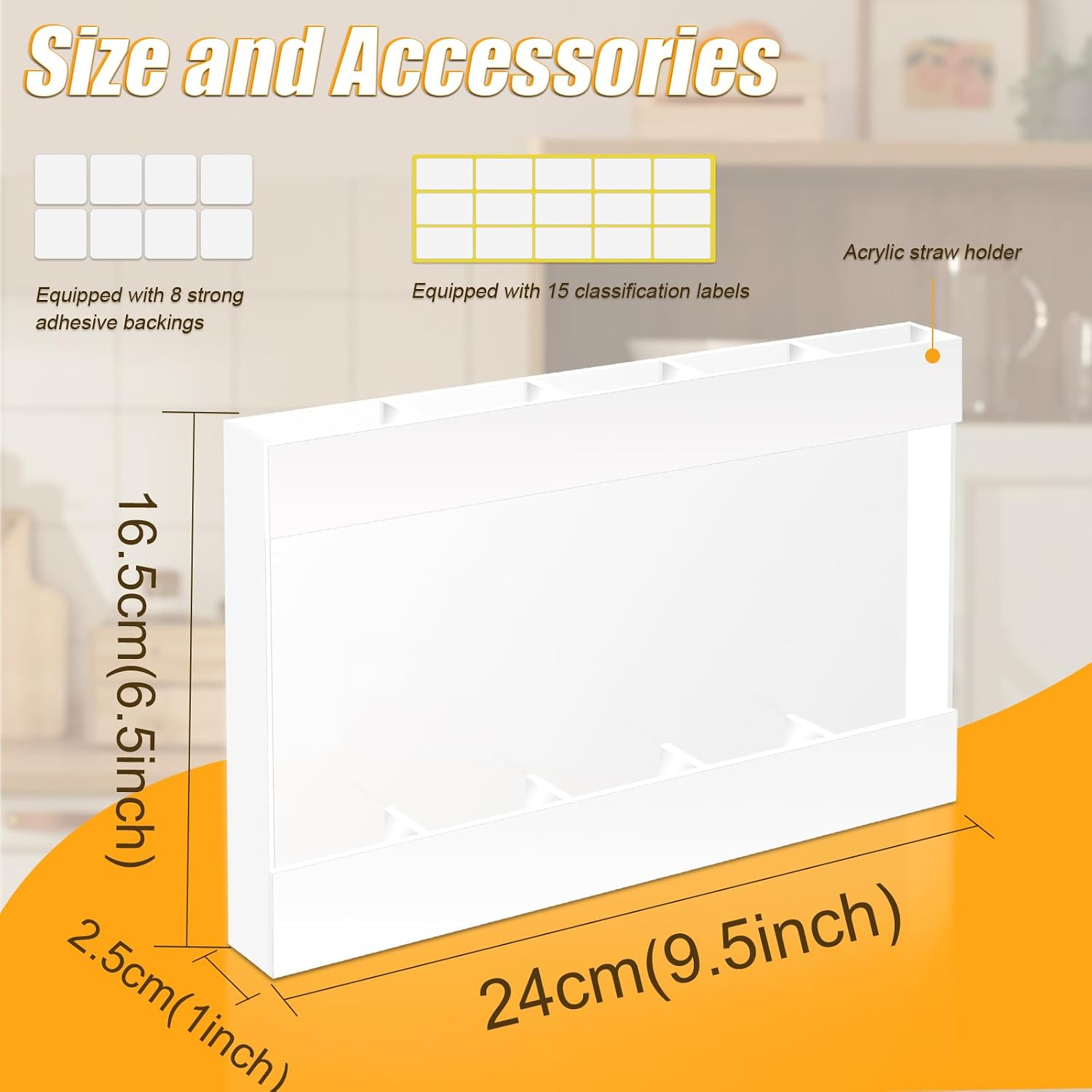 Acrylic Straw Holder for Cabinet Door with Adhesive and Stickers, Straws Organizer Tumbler Storage for Kitchen Cupboard, Straw Dispenser for Counter, White