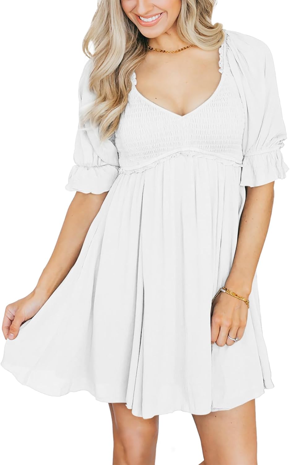 Dokotoo Womens Summer Dresses 2025 Short Sleeve Square Neck Smocked Elastic Waist Ruffle Tiered Casual Swing Mini Dress