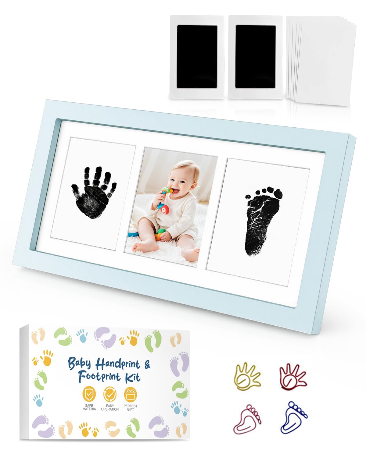 MOXTOYU Baby Hand and Footprint Kit, 2 Clean-Touch Baby Footprint & Handprint Kit with 6 Imprint Cards, Non-Toxic to Newborn Baby, Baby Footprint Kit with 4 Cute Clips, Perfect Baby Gift, Blue