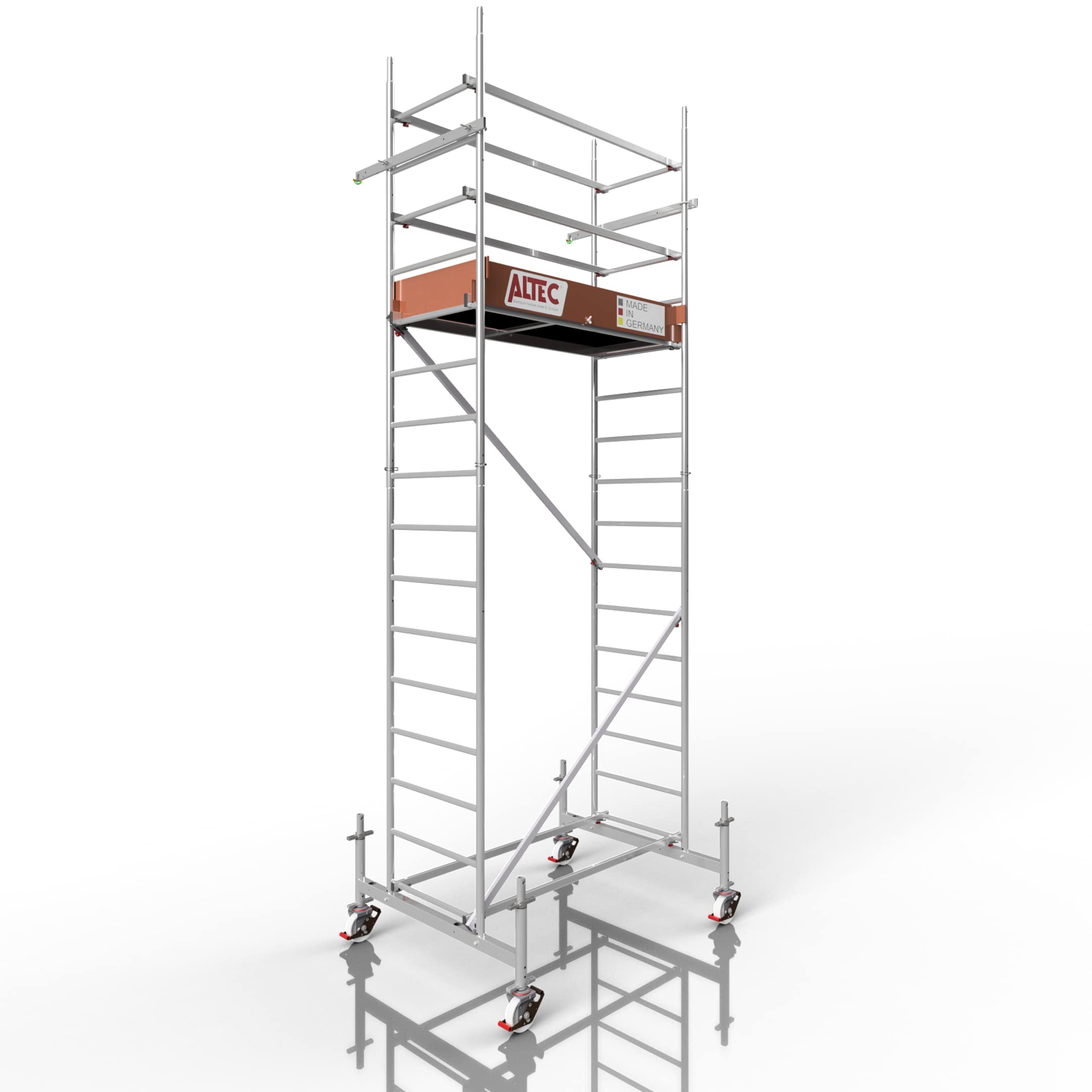ALTEC Rollfix 1.0 500-5 m Ah - Roues (Ø 150 mm) - Traverse standard - Fabriqué en Allemagne - Certifié TÜV - Charge maximale 200 kg/m² - Échafaudage de travail en aluminium - Échafaudage