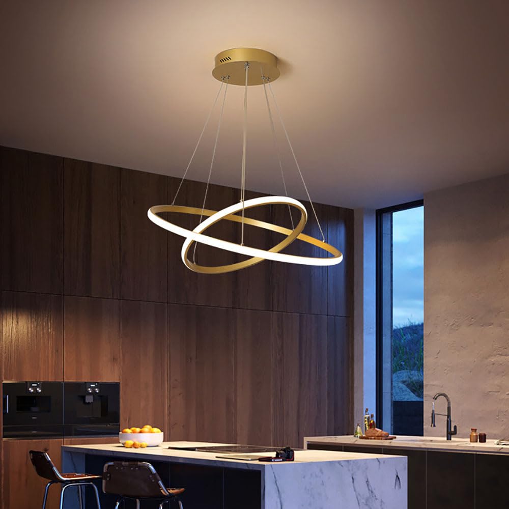 Mengjay Moderner 38W LED Kronleuchter, Kreativer 2 Ring Hängelampe Mit Höhenverstellbare Pendelleuchte, Dimmbar 3000K/4500K/6000K, Wohnzimmer Leuchter, Schlafzimmer, Esszimmer Pendelleuchte (Gold)
