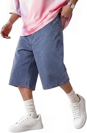 Heyfanee Mens Baggy Jean Shorts Below Knee Long Denim Jorts 14 Inch Inseam | Wide Leg Cut, Oversized Style, Vintage, Skater Look, Big and Tall, Stretch Fabric