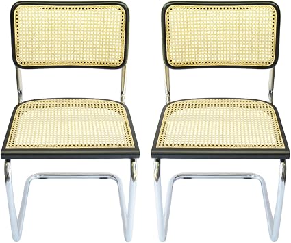 Breuer Chair Company Marcel Breuer Cesca Mid-Century Modern Cantilever Side Chair w/Chrome Frame Cane Seat & Back Made in Italy; Black; Set of 2