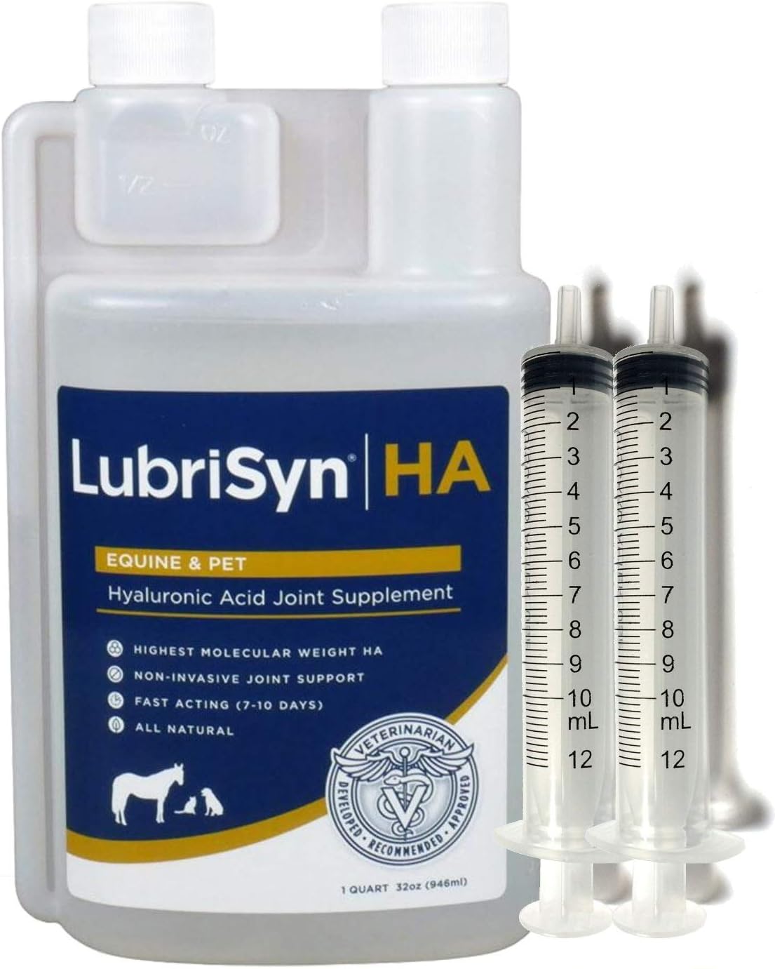 Lubrisyn HA for Dogs Cats Horses 32oz Joint Support Supplement Hyaluronic Acid with 2 Reusable Oral Syringes (10mL, 2Tsp.) -…