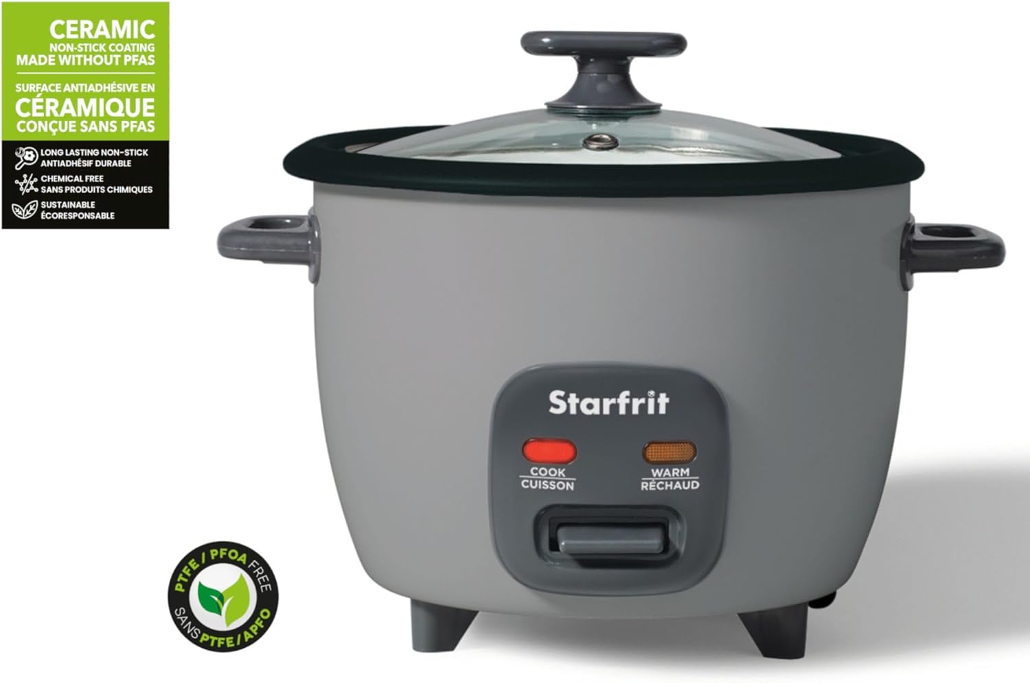 Starfrit 10-Cup Rice Cooker with Ceramic Coating - PFAS-Free - Clear Glass Lid- Grey