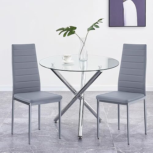 Juego de mesa de comedor para 2, mesa redonda de cristal de 35 pulgadas y silla de metal de piel sintética para oficina en casa, cocina, comedor,