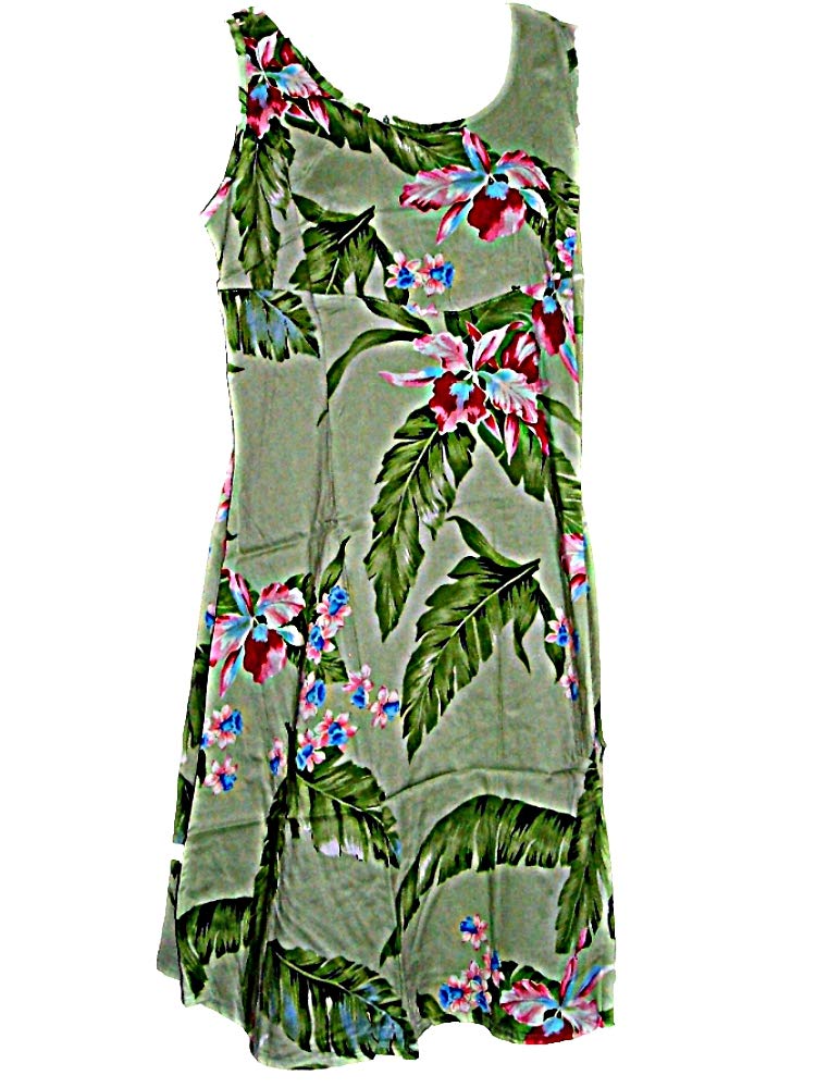 Summer Hawaiian Tropical Green Floral Print Dress for Cruise Wedding (Size S/M-See Measurements)